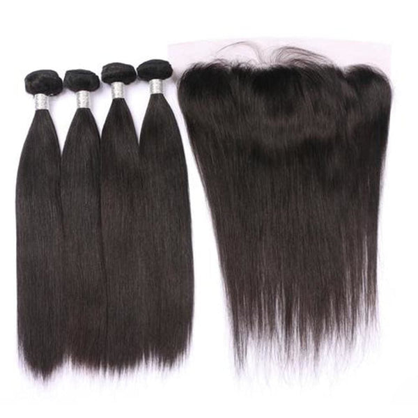 4 Bundles Straight Hair Weave With Pre-Plucked Natural Hairline Lace Frontal