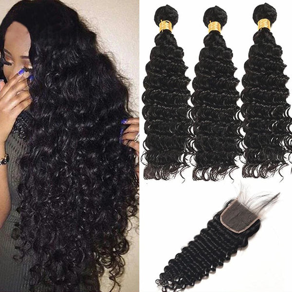 4*4 Closure and 3 Bundles Deep Wave Swiss Lace Virgin Human Hair