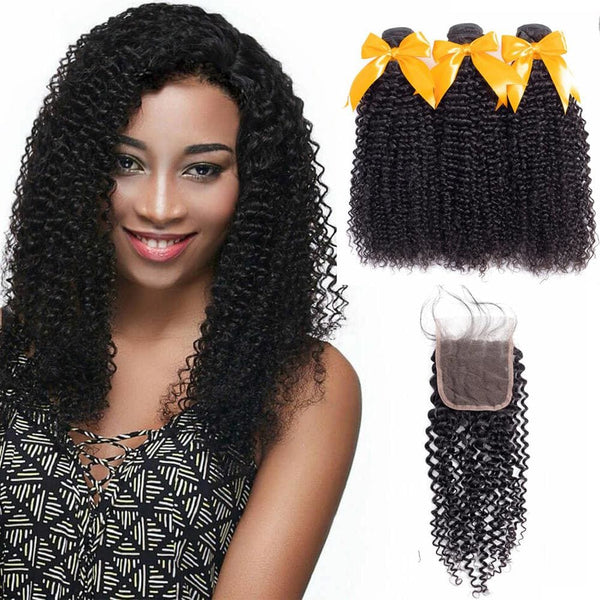 4*4 Closure and 3 Bundles Kinky Curly Swiss Lace Virgin Human Hair