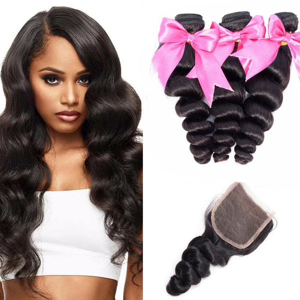 4*4 Closure and 3 Bundles Loose Wave Swiss Lace Virgin Human Hair