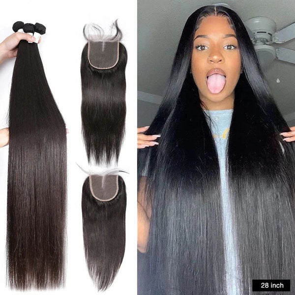 4*4 Closure and 3 Bundles Silky Straight Swiss Lace Virgin Human Hair