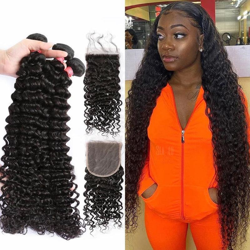 4*4 Closure and 3 Bundles Water Wave Swiss Lace Virgin Human Hair