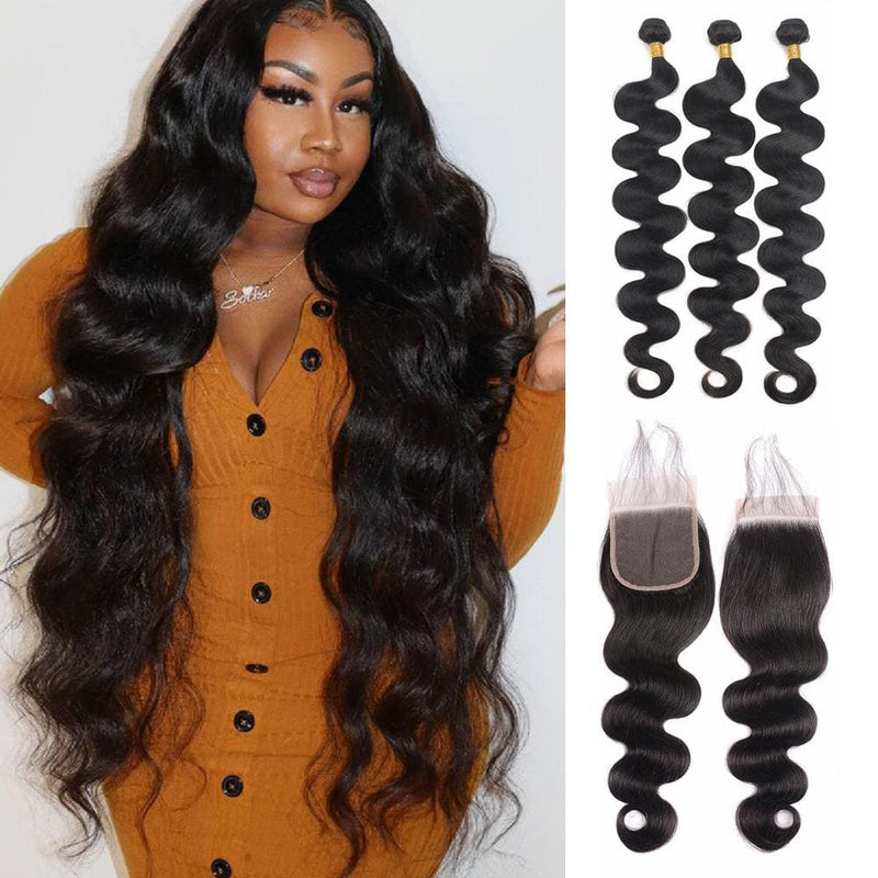4×4 Closure with 3 Bundles Body Wave Swiss Lace Virgin Human Hair