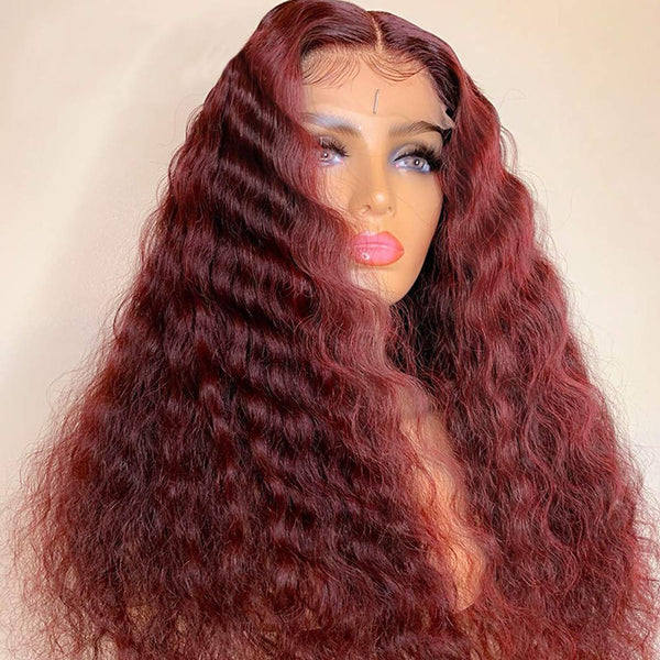 {50% Off} 99J Wine Red Human Hair Lace Front Wig Deep Wave