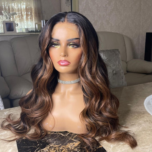 13x6 Skin Melt Lace Front Ombre Brown Highlight Body Wave Wig with Delicate Hairline