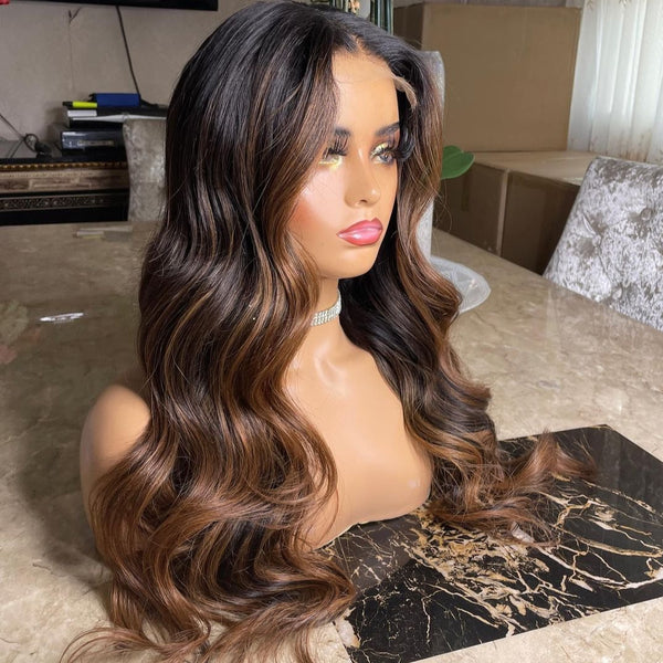 13x6 Skin Melt Lace Front Ombre Brown Highlight Body Wave Wig with Delicate Hairline