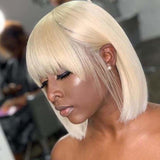 Alan| Preplucked 613 Blonde Human Hair BOB Lace Wig With Bang| Silky Straight