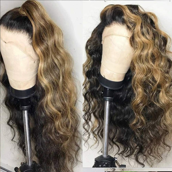 13x6 Skin Melt Lace Front Honey Blonde Highlight Wavy Wig with Delicate Hairline