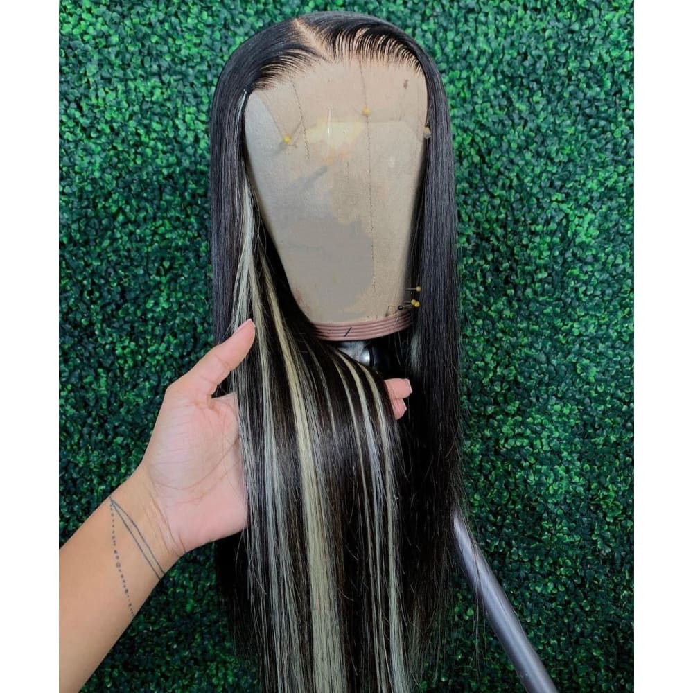 Lacefront Swisslace Wig Black Highlight Lo… Human Hair Black With Blonde Highlight 4*4 Lace Closure Wig  main image 4