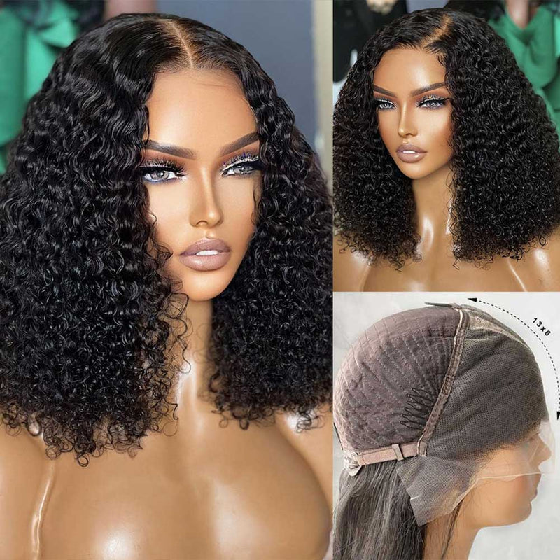 13x6 3D FULL FRONTAL Skin Melt Lace Preplucked Human Hair Lace Front Curly Bob Wig