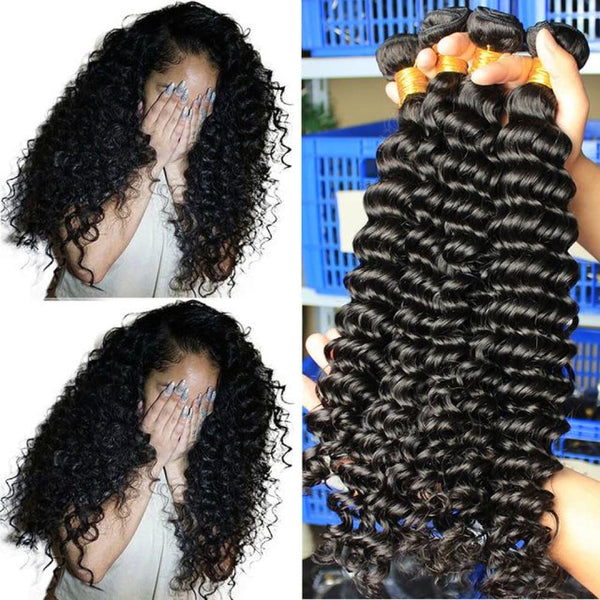 Deep Wave Brazilian Virgin Hair Weave Bundles With 4x4 Closure