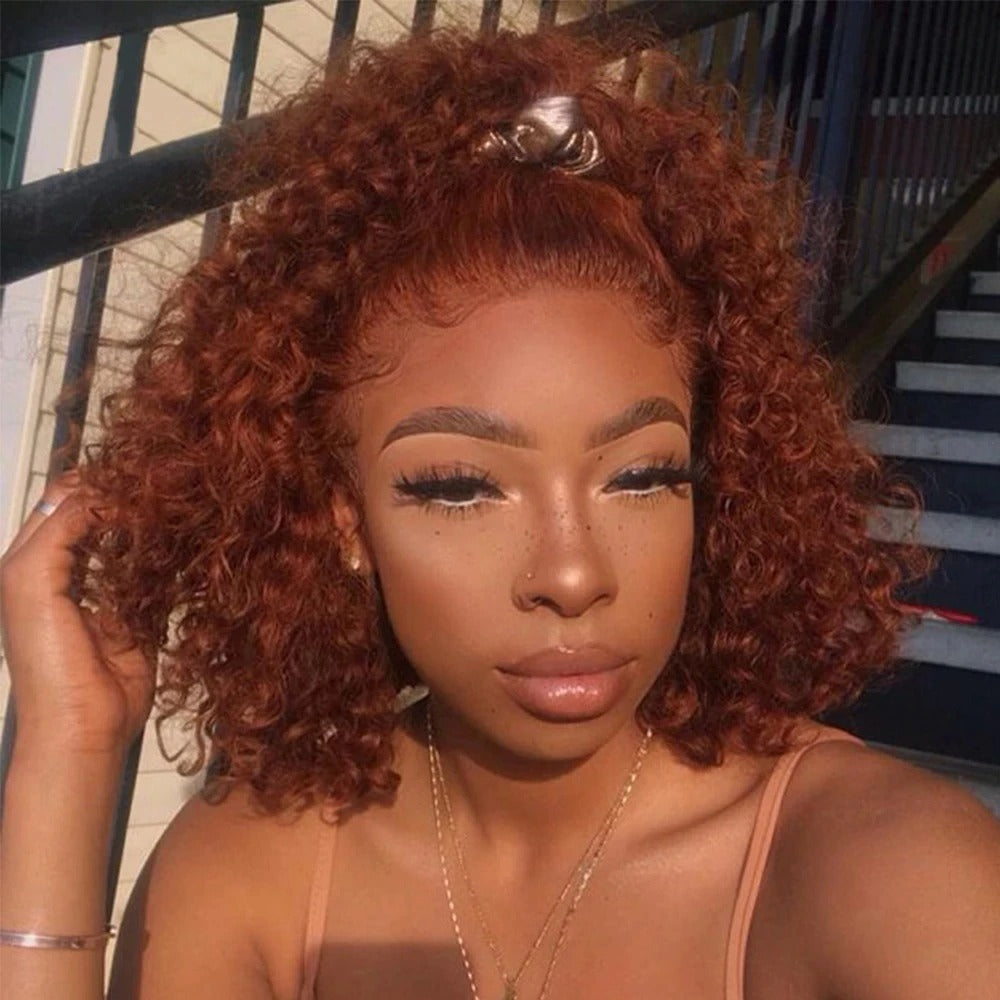 Copper ginger brown short curly bob wig Lace 2020 Ginger Brown Bob Wig Human Hair 180 Density 13x6 Lace  main image 2