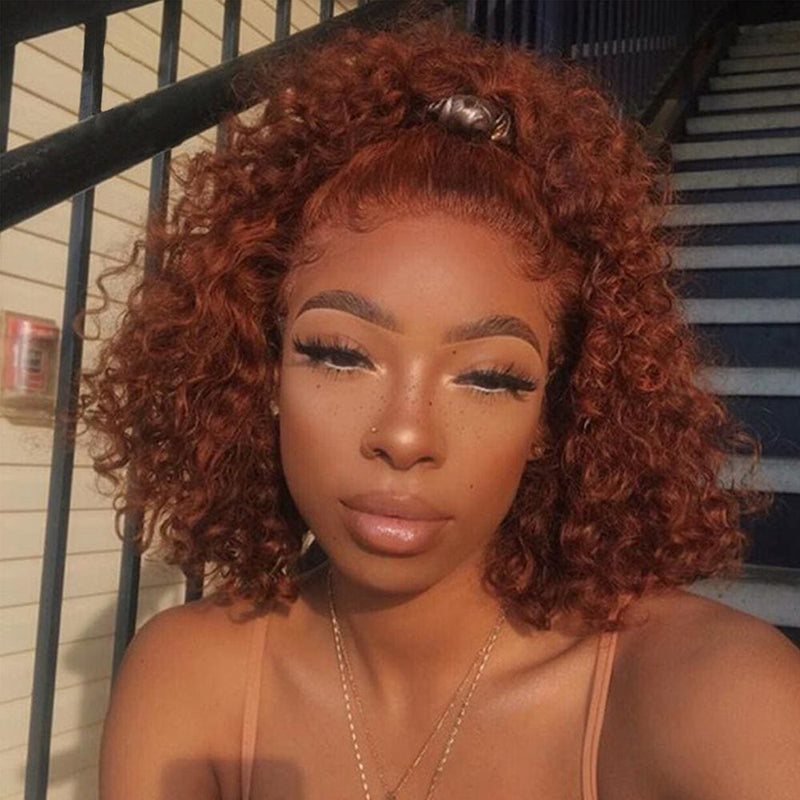 Ginger Orange Deep Wave Lace Front Human Hair Wigs Colored Curly BOB Wigs