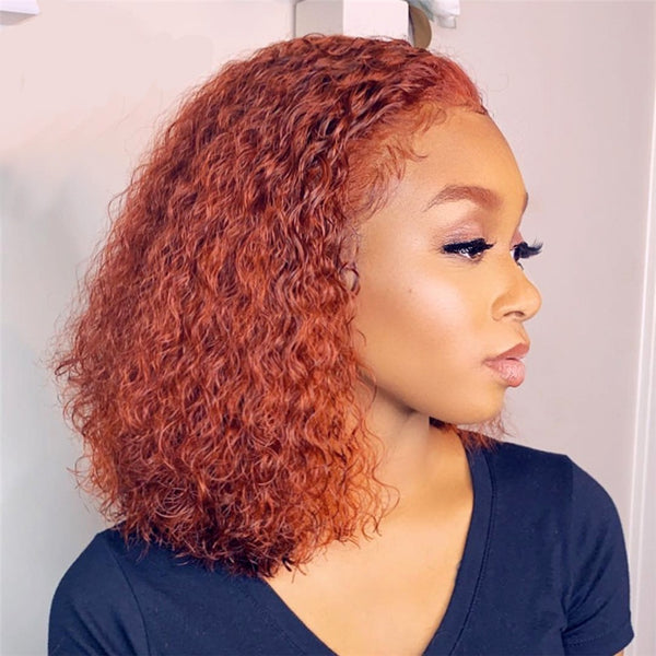{50% Off} Ginger Orange 13x4 Human Hair Lace Front Bob Curly Wig