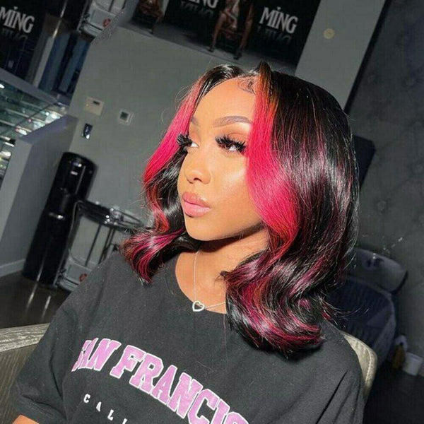 Crisssy | Rose Pink Highlights Preplucked Human Hair Wavy Bob Lace Front Wig