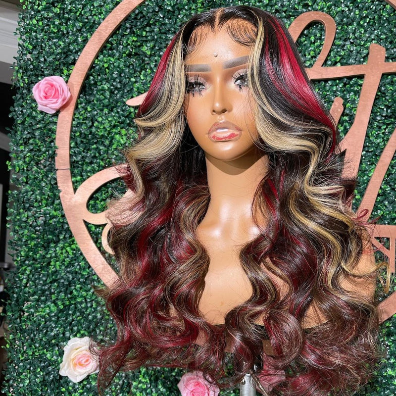 Mya | Body Wave Red & Blonde Highlight Preplucked Human Hair Lace Front Wig