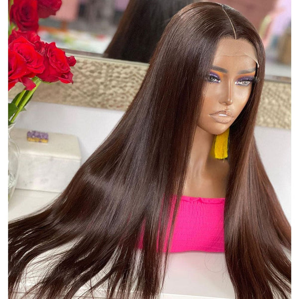 NEW Brown 13*6 Skin Melt Lace Front Silk Straight Wig Invisible Swiss Lace+ Invisible Knots