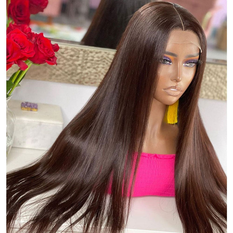 NEW Brown 13*6 Skin Melt Lace Front Silk Straight Wig Invisible Swiss Lace+ Invisible Knots