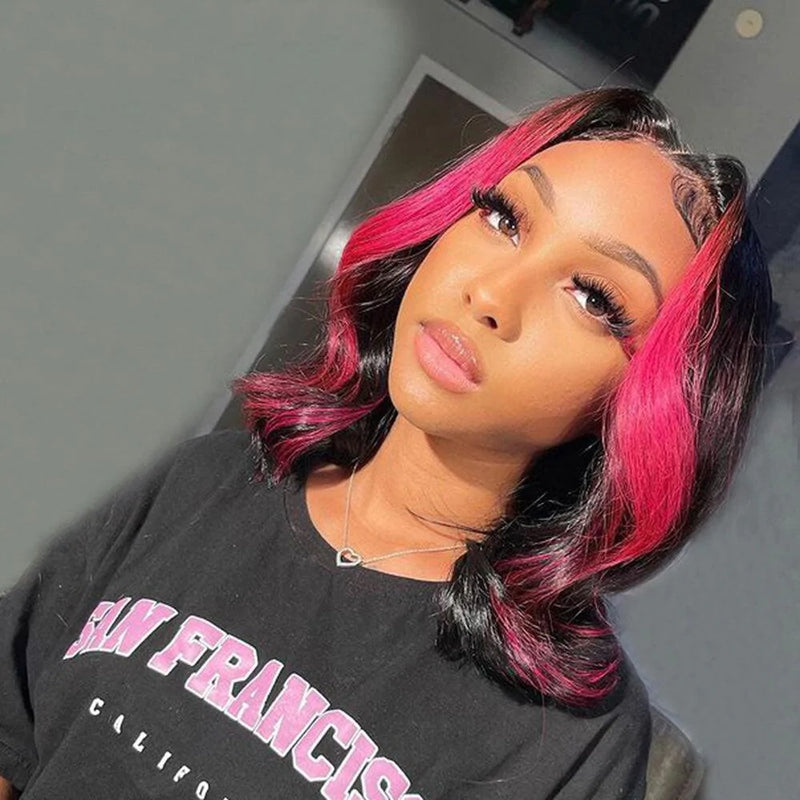 Crisssy Rose Pink Highlights Preplucked Human Hair Wavy Bob Lace
